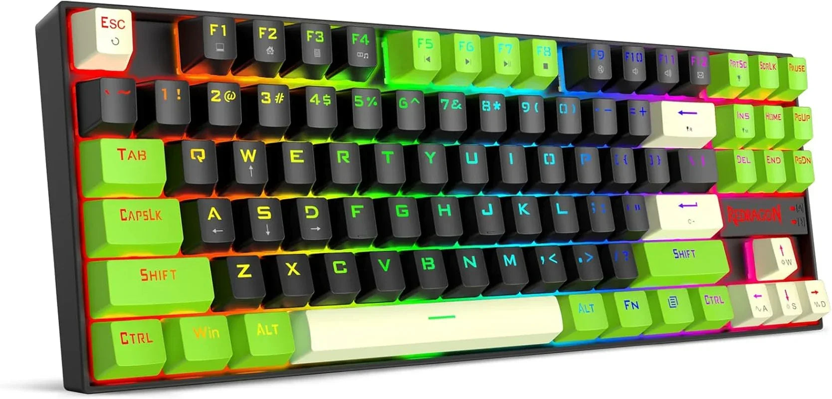 RGB mechanical gaming keyboard with retro 8-bit style keycaps and vibrant neon colors