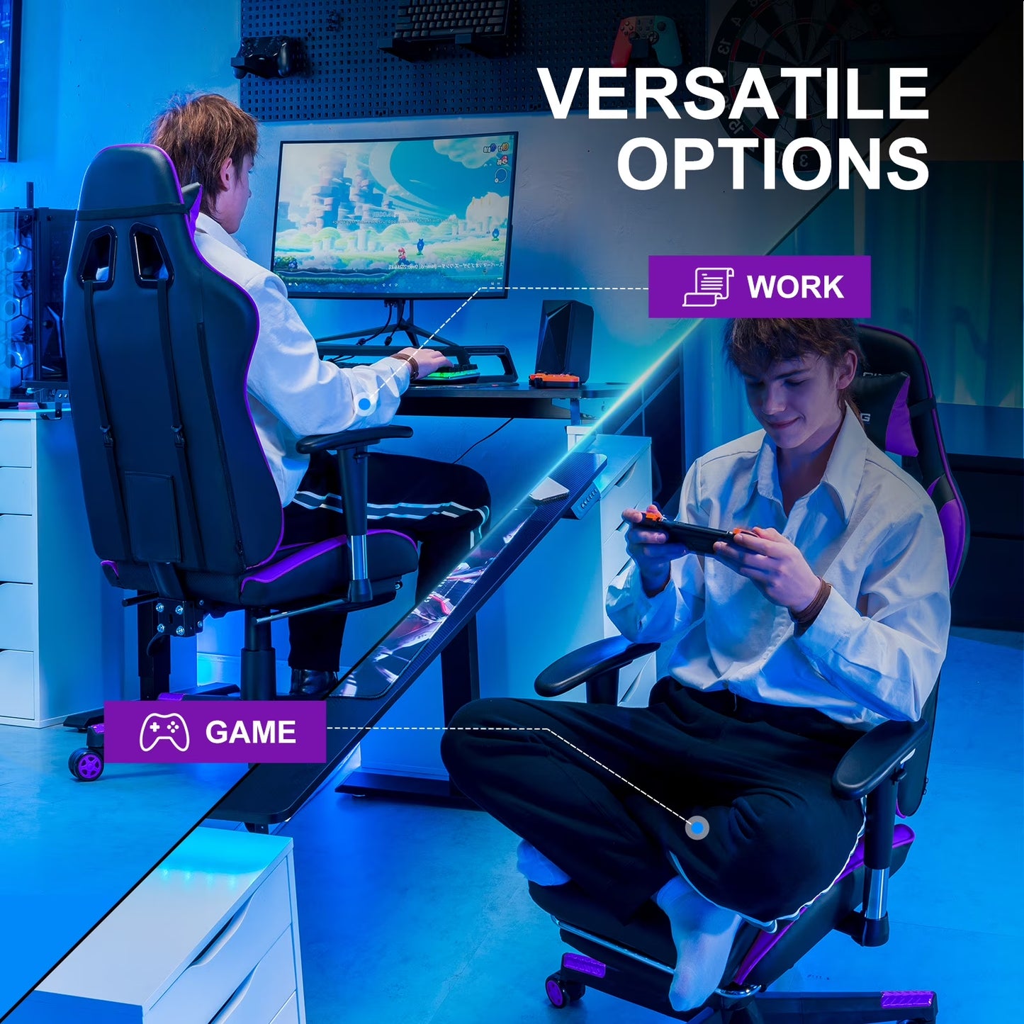 Gaming chair for work and play, featuring purple LED accents, ergonomic design, and versatile use in a blue-lit setup.