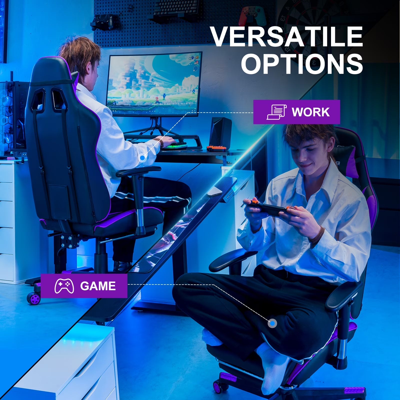 Gaming chair for work and play, featuring purple LED accents, ergonomic design, and versatile use in a blue-lit setup.