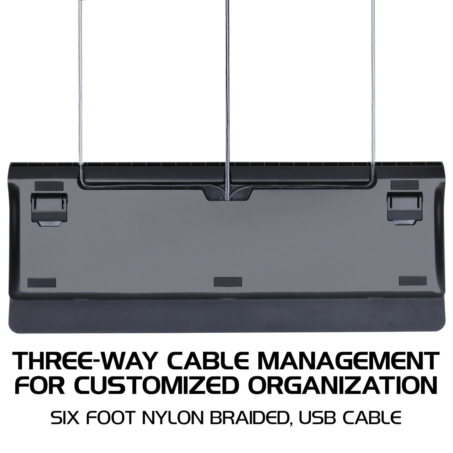Gaming keyboard bottom view with three-way cable management and USB braided cable, Byte Style.