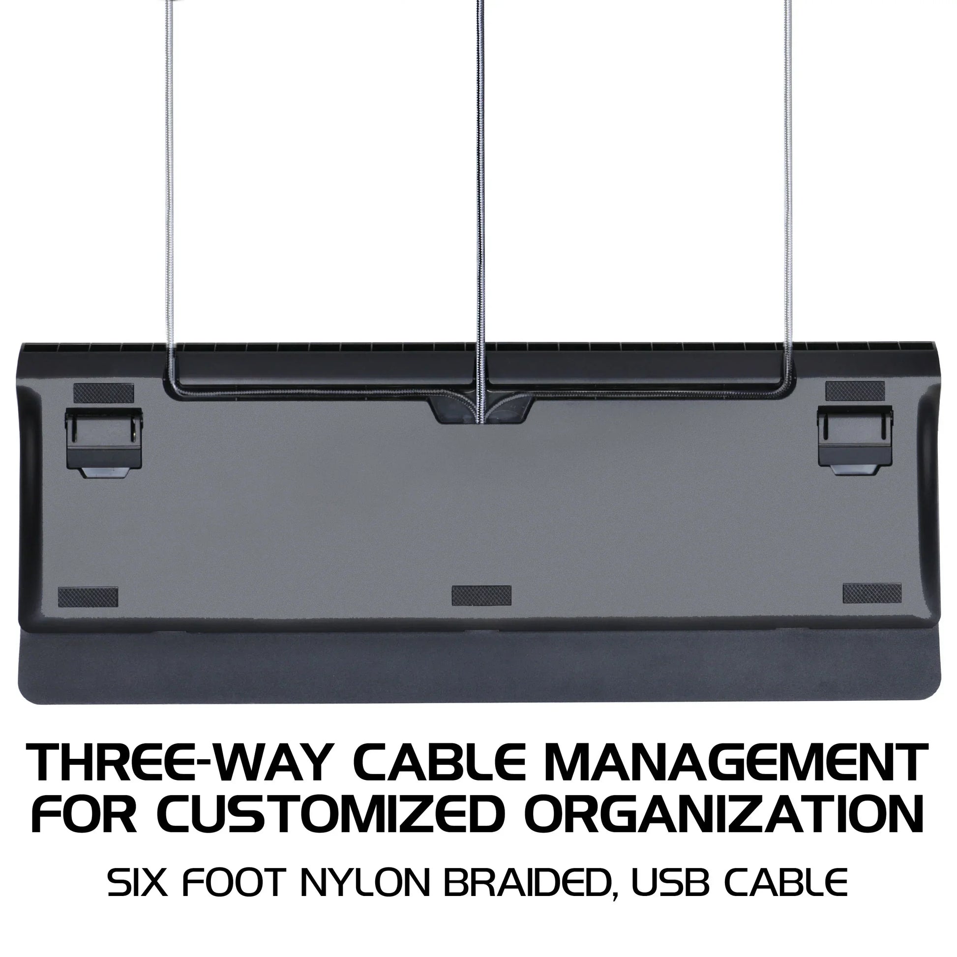 Gaming keyboard bottom view with three-way cable management and USB braided cable, Byte Style.