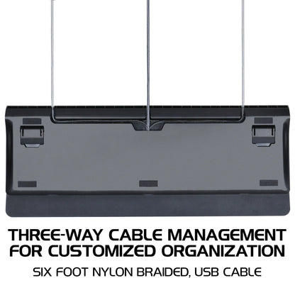 Gaming keyboard bottom view with three-way cable management and USB braided cable, Byte Style.
