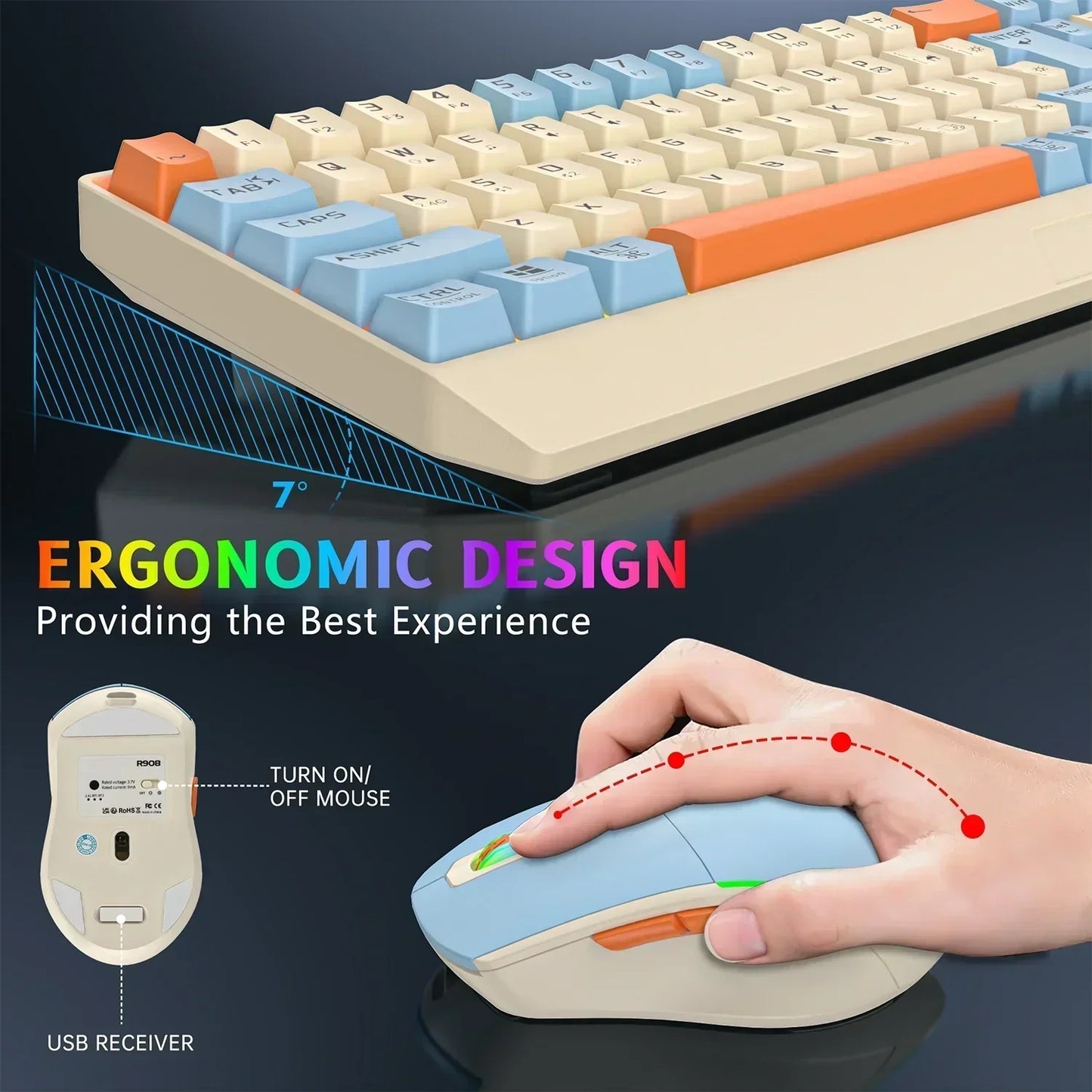 Wireless Gaming Keyboard and Mouse Combo 85 Key Rainbow Backlit, Rechargeable 2000Mah, Dual-Mode 2.4Ghz & BT5.0, Ergonomic Design for or Mac, Laptop, Desktop