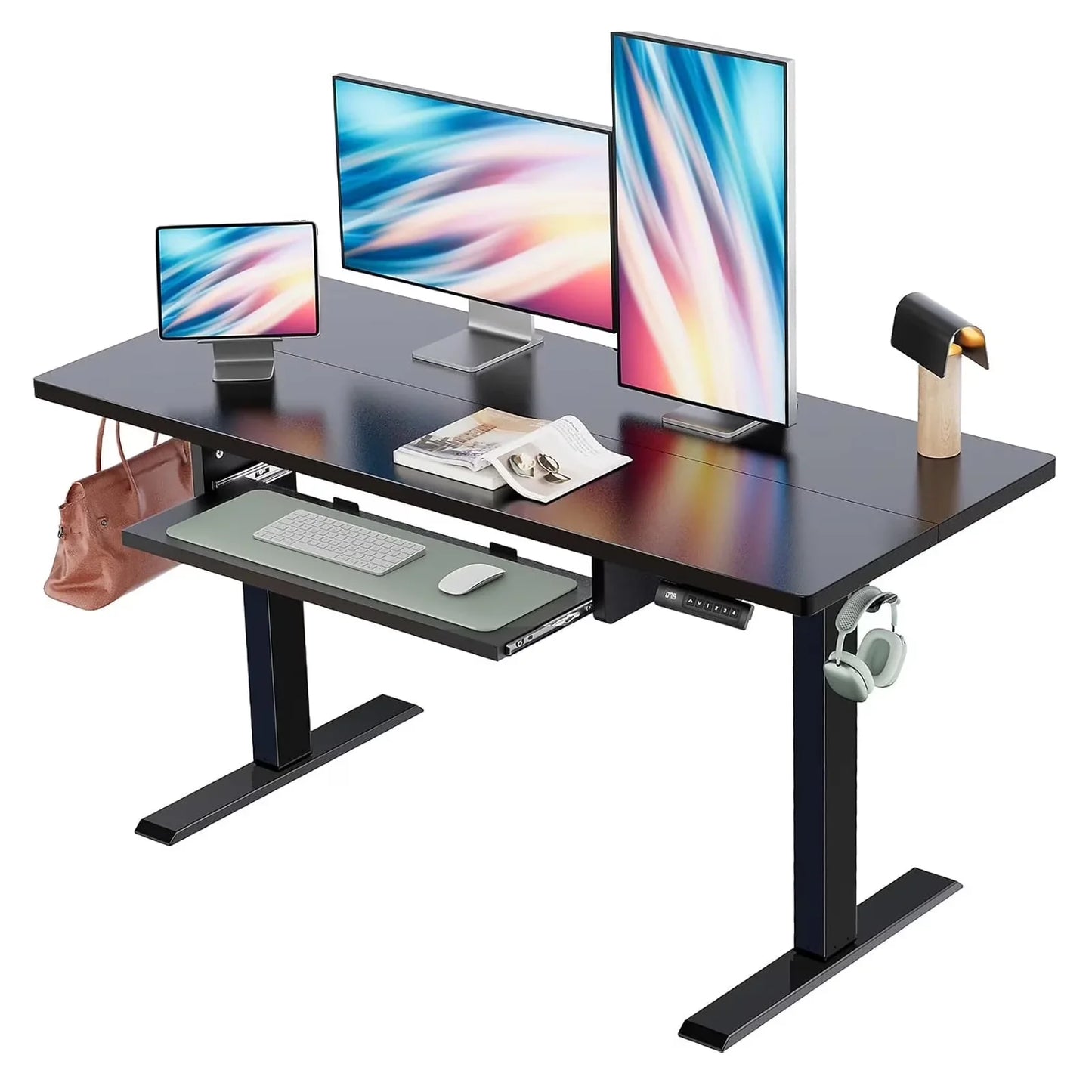 55" X 24" Electric Standing Desk with Keyboard Tray, Height Adjustable Sit Stand up Desk with Headphone Hook & 4 Height Memory Pre-Set for Home Office, Black