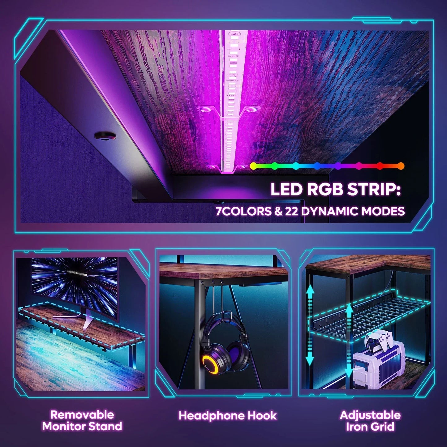 Gaming desk features LED RGB strip with 7 colors, removable monitor stand, headphone hook, and adjustable iron grid