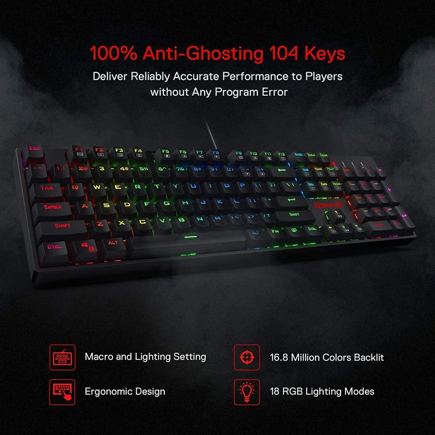 RGB backlit gaming keyboard with 104 anti-ghosting keys and ergonomic design on dark background