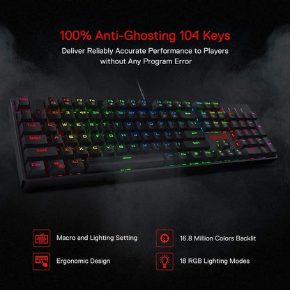 RGB backlit gaming keyboard with 104 anti-ghosting keys and ergonomic design on dark background