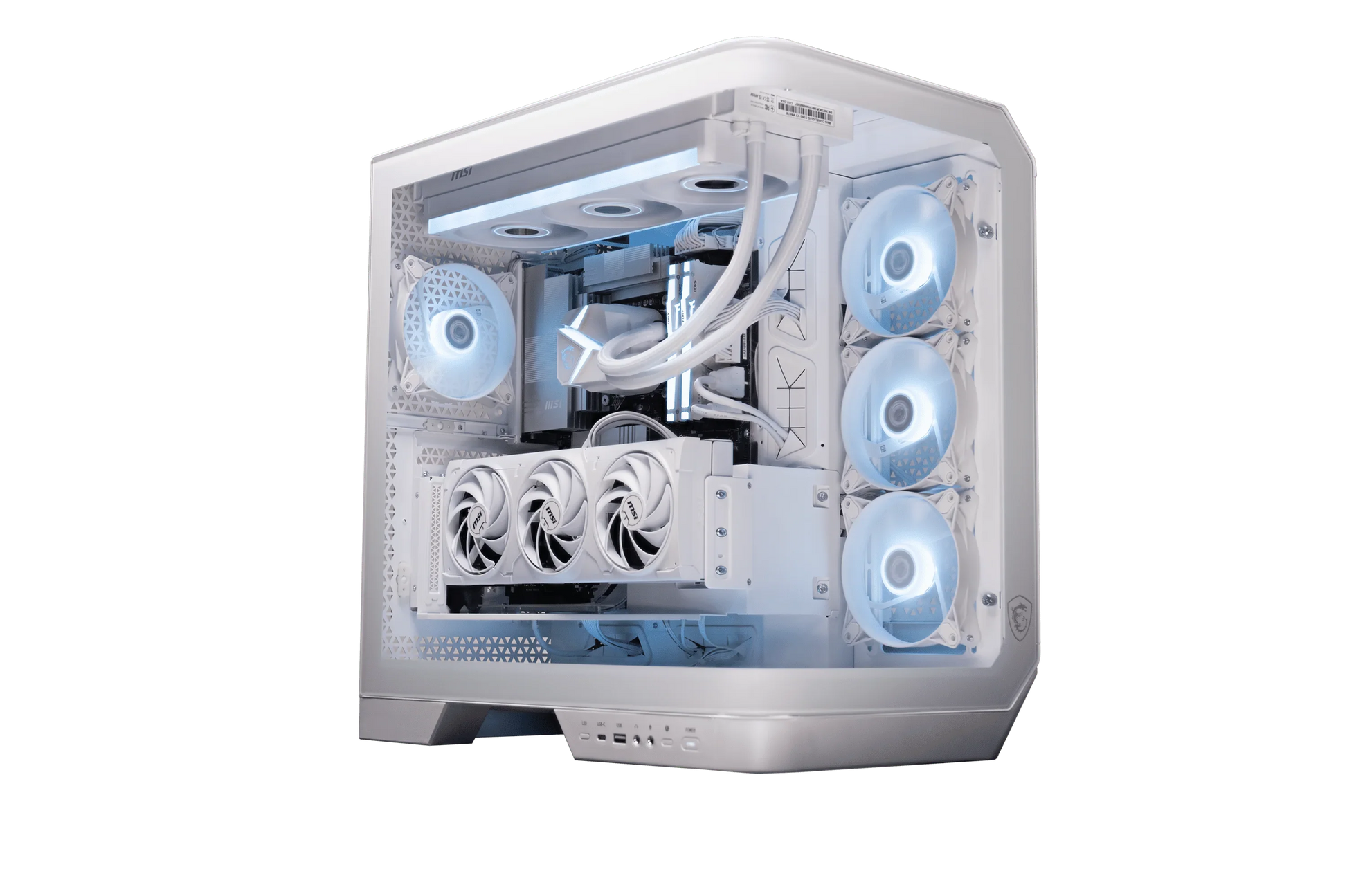 White high-performance gaming PC with multiple RGB cooling fans, liquid cooling system, and transparent side panel
