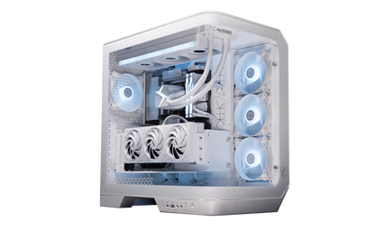 White high-performance gaming PC with multiple RGB cooling fans, liquid cooling system, and transparent side panel
