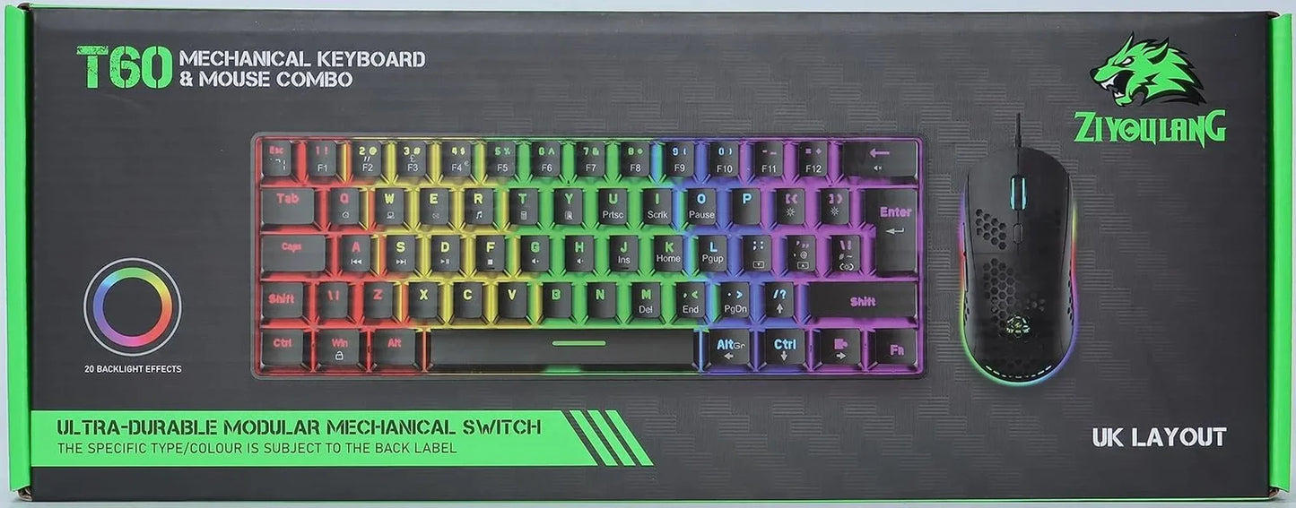 T60 mechanical keyboard and mouse combo with RGB backlight effects and UK layout by Ziyoulang