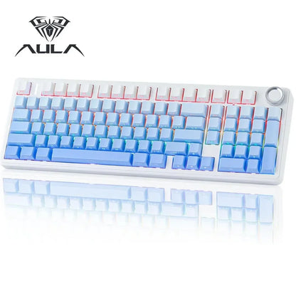 AULA white and blue RGB gaming keyboard with pastel keycaps for modern gamers