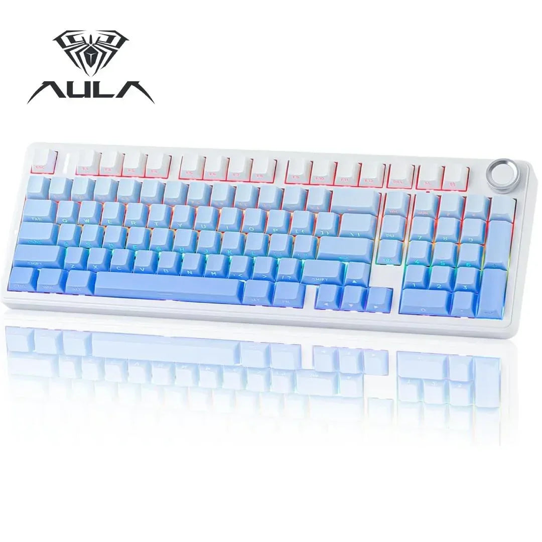 AULA white and blue RGB gaming keyboard with rotary knob, retro 8-bit Byte Style design.