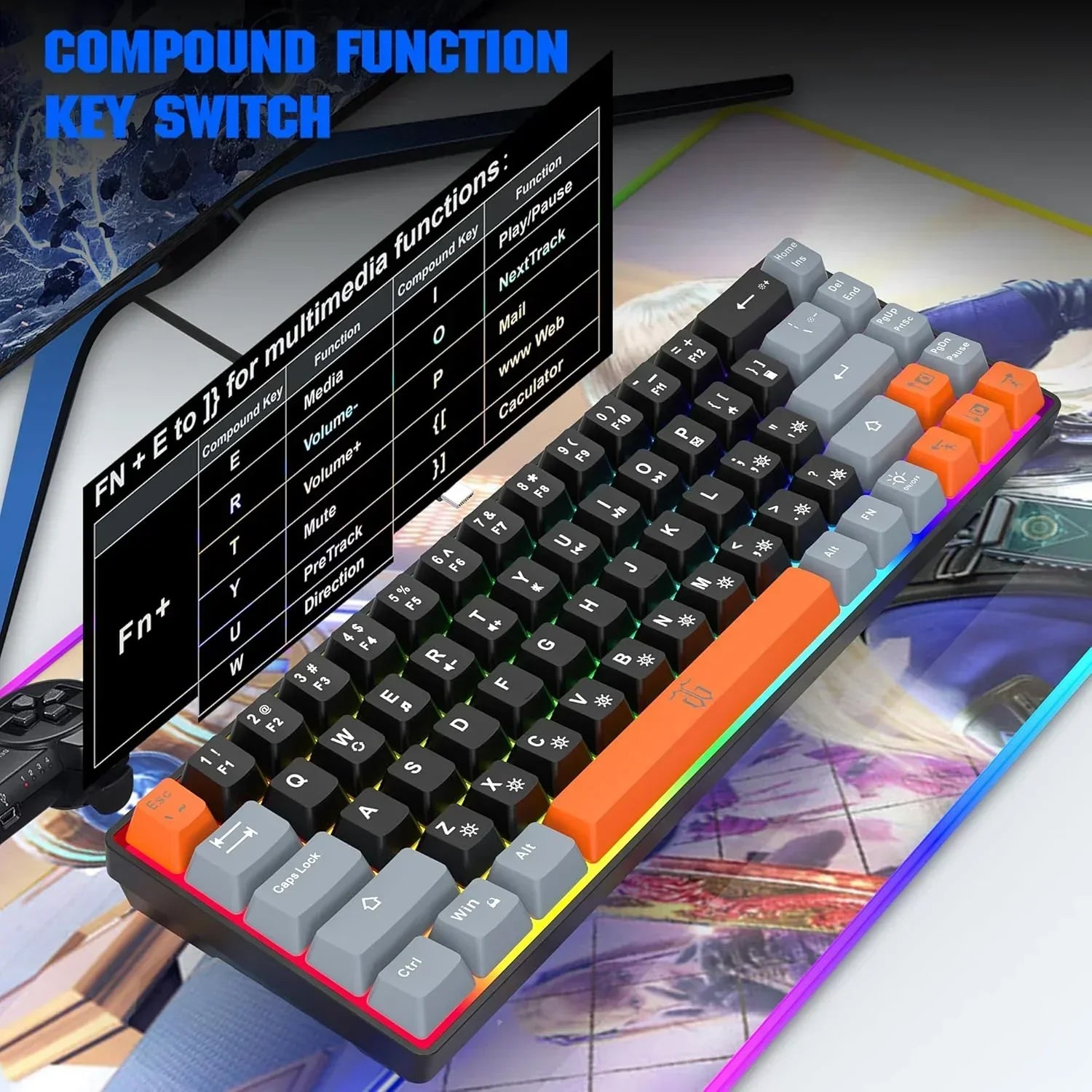 RGB mechanical gaming keyboard with colorful keycaps, multimedia shortcuts, on Byte Style desk mat.