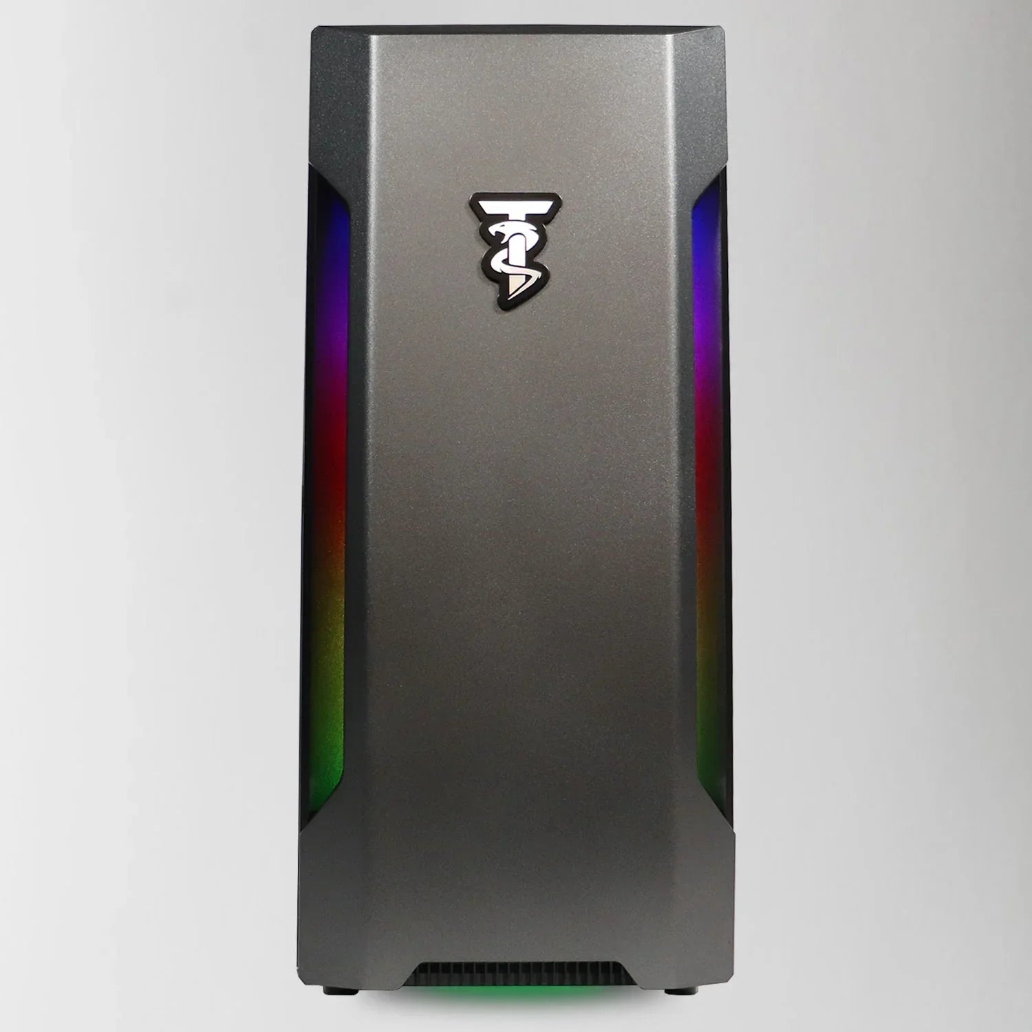 Gray gaming PC tower with RGB lighting strips and logo on front panel, sleek modern design