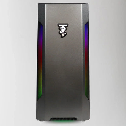 Gray gaming PC tower with RGB lighting strips and logo on front panel, sleek modern design
