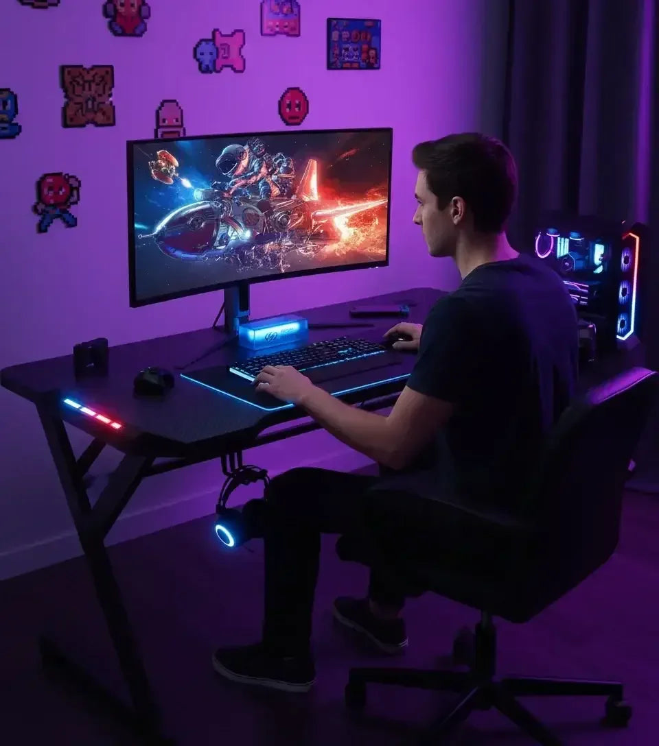 Young man gaming on a curved widescreen monitor at illuminated black desk with RGB PC and pixel art wall decals