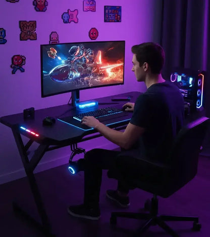Young man gaming on a curved widescreen monitor at illuminated black desk with RGB PC and pixel art wall decals