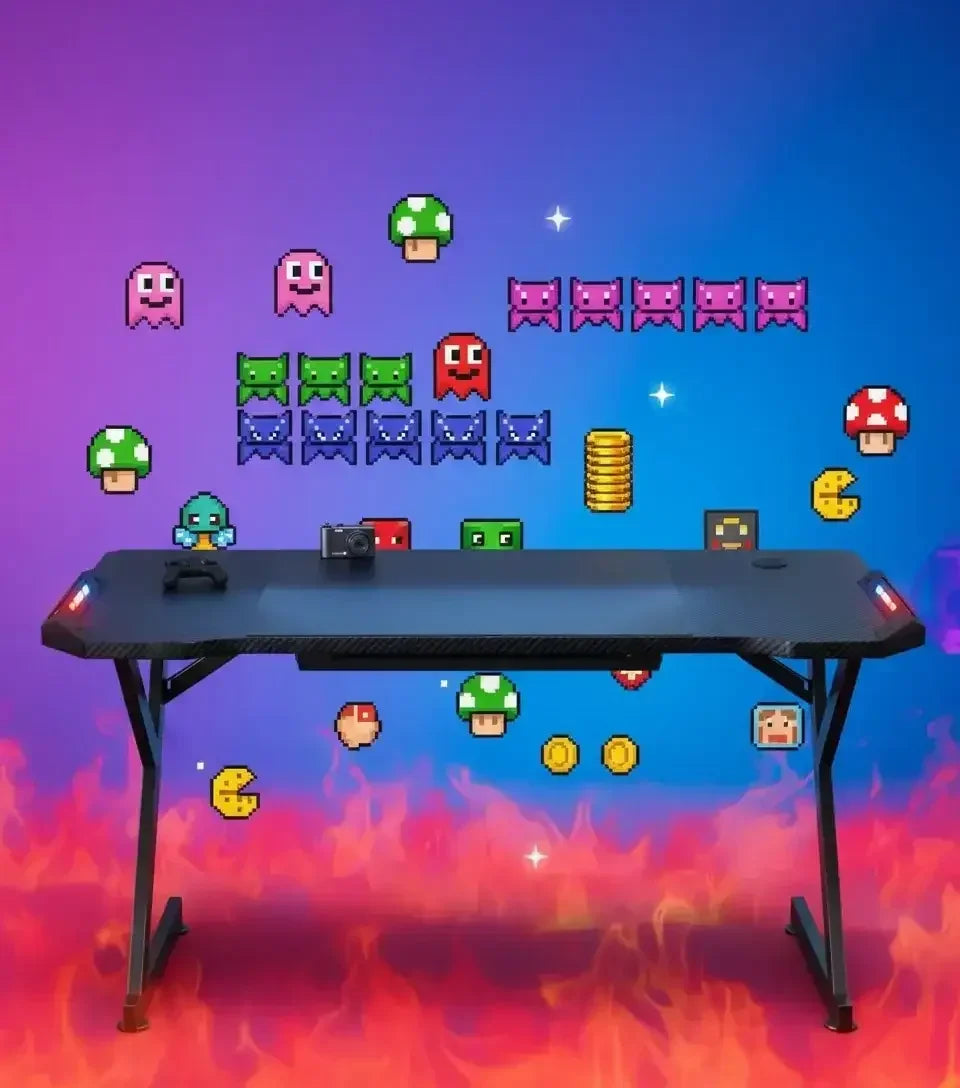 Black gaming desk with RGB lights and pixel art characters and items in colorful retro video game style
