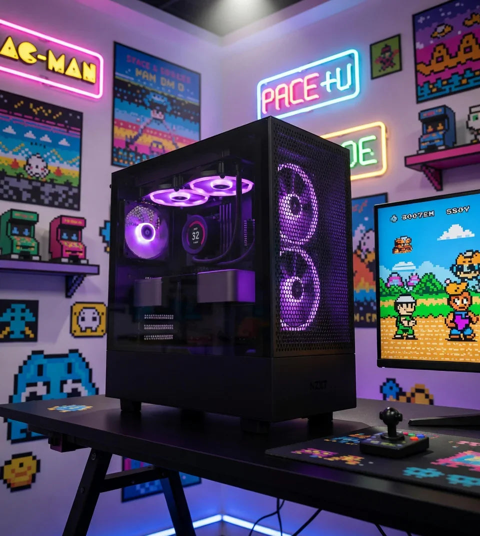 RGB gaming PC on desk with retro 8-bit arcade wall art and joystick, pixel decor