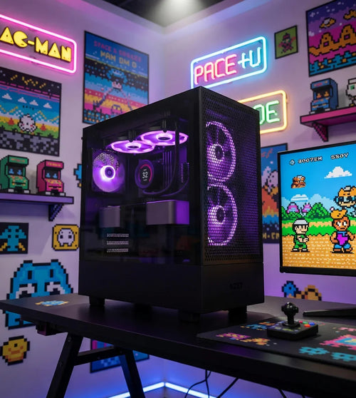 RGB gaming PC on desk with retro 8-bit arcade wall art and joystick, pixel decor