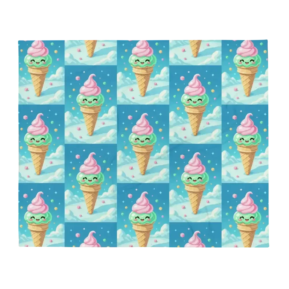 Cute cartoon ice cream cones with smiling faces against a blue sky with clouds and colorful dots