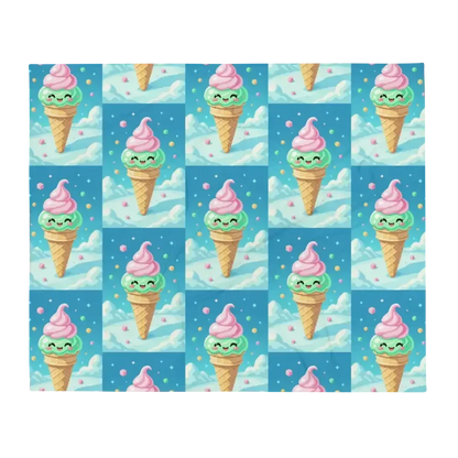 Cute cartoon ice cream cones with smiling faces against a blue sky with clouds and colorful dots