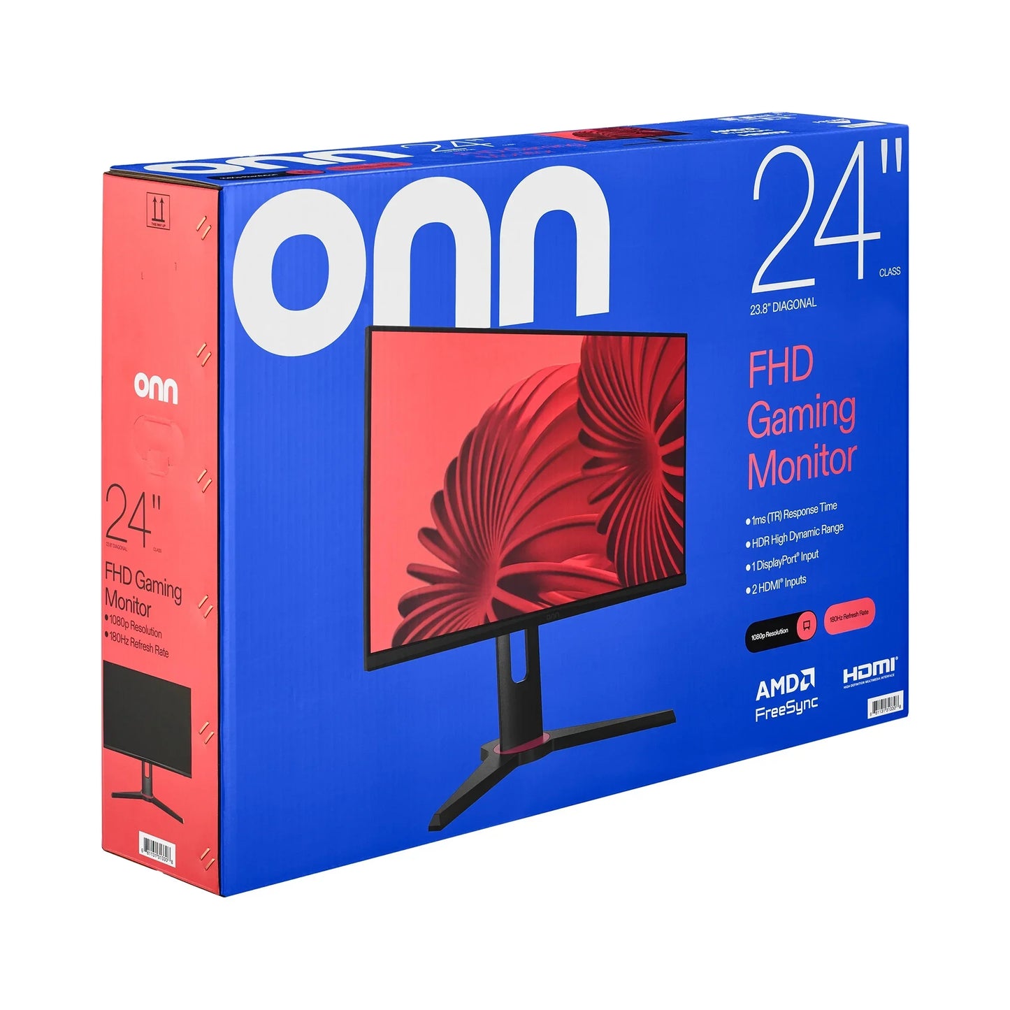 onn 24-inch FHD gaming monitor box with red and blue design, highlighting 1080p, 180Hz, HDR, AMD FreeSync