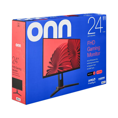 onn 24-inch FHD gaming monitor box with red and blue design, highlighting 1080p, 180Hz, HDR, AMD FreeSync
