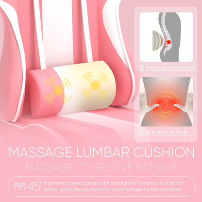 Pink gaming chair with ergonomic massage lumbar cushion for back support and fatigue relief