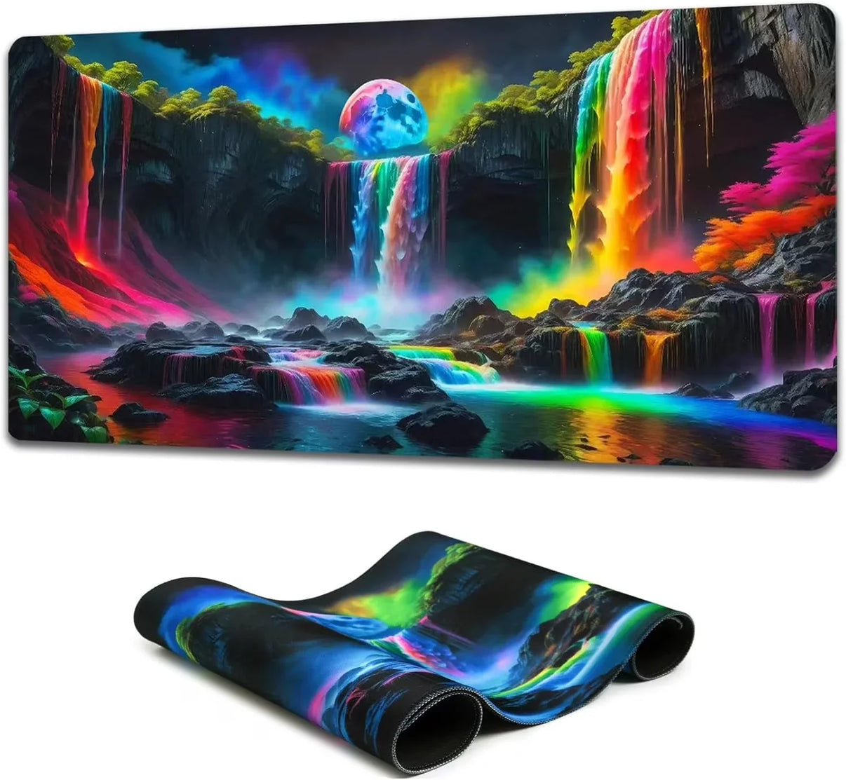 Byte Style gaming mousepad featuring a vibrant rainbow waterfall landscape under a colorful moon with rocky terrain and neon trees