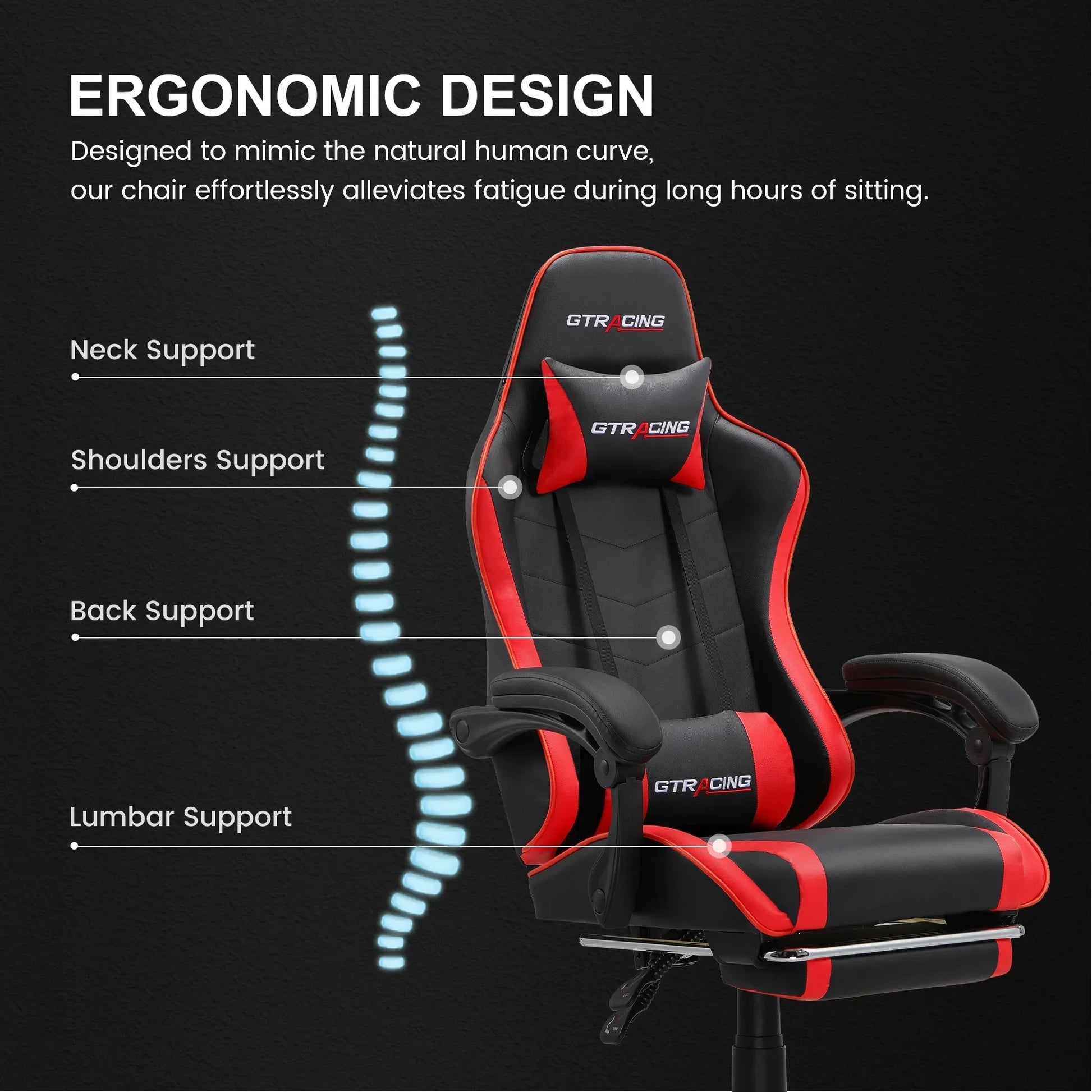 Black and red ergonomic GTRacing gaming chair with neck, shoulders, back, and lumbar support highlighted