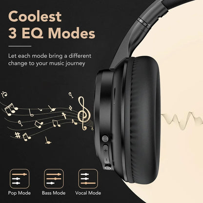Black over-ear gaming headset with 3 EQ modes, music notes, and audio control buttons