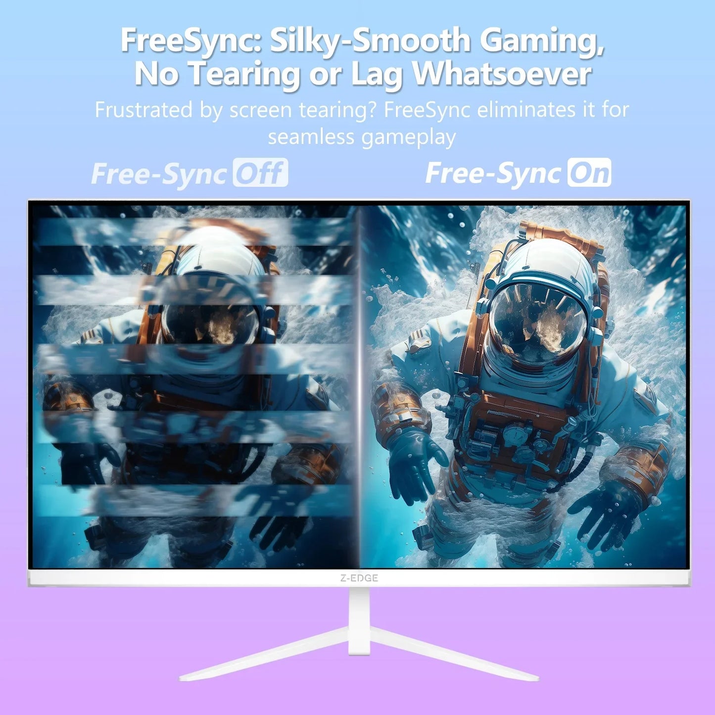 Gaming monitor split screen showing contrast between FreeSync off with screen tearing and FreeSync on with smooth display