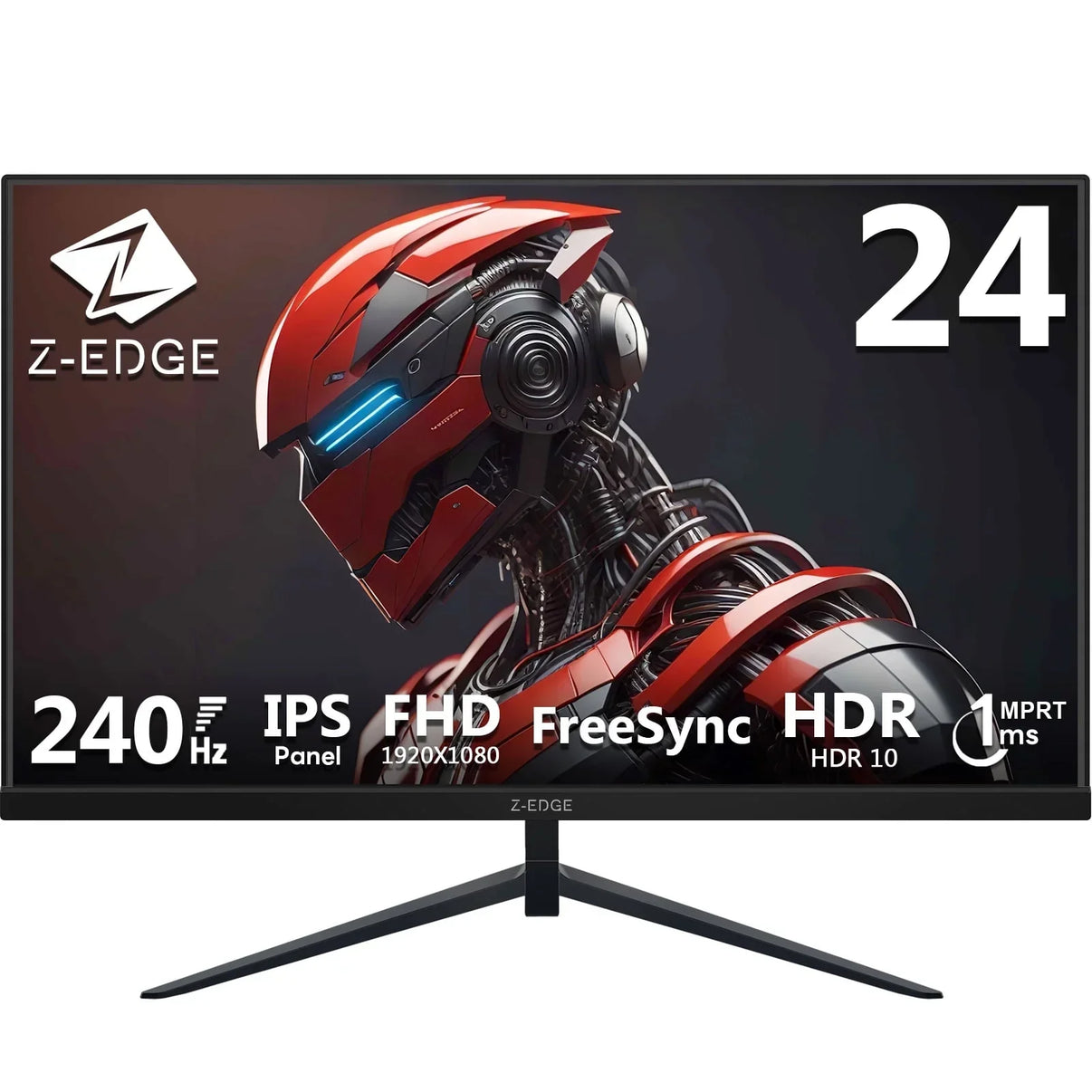 Z-Edge 24-inch gaming monitor with 240Hz IPS FHD display, FreeSync, HDR10, and 1ms response featuring red robotic character