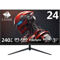 Z-Edge 24-inch gaming monitor with 240Hz IPS FHD display, FreeSync, HDR10, and 1ms response featuring red robotic character