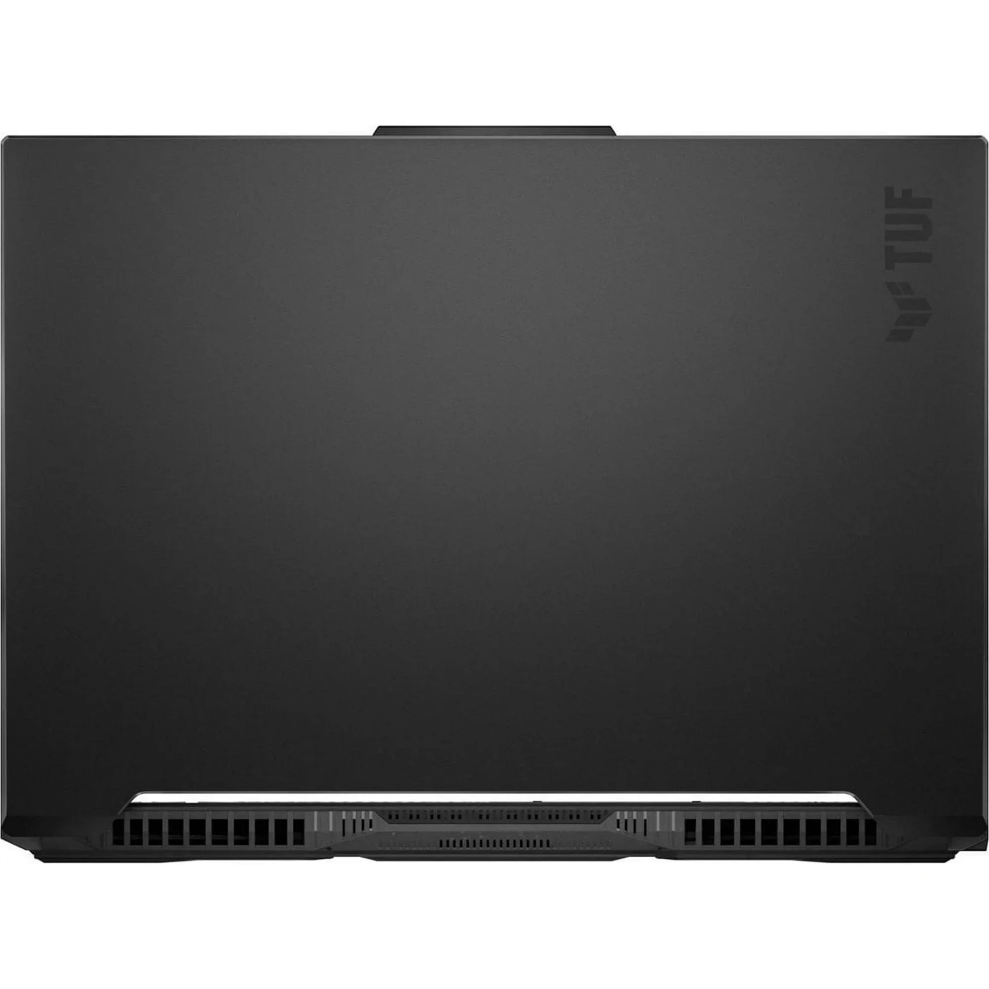 Black gaming laptop closed, TUF logo on lid, rear vents visible, minimalist design
