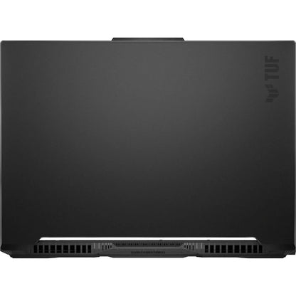 Black gaming laptop closed, TUF logo on lid, rear vents visible, minimalist design