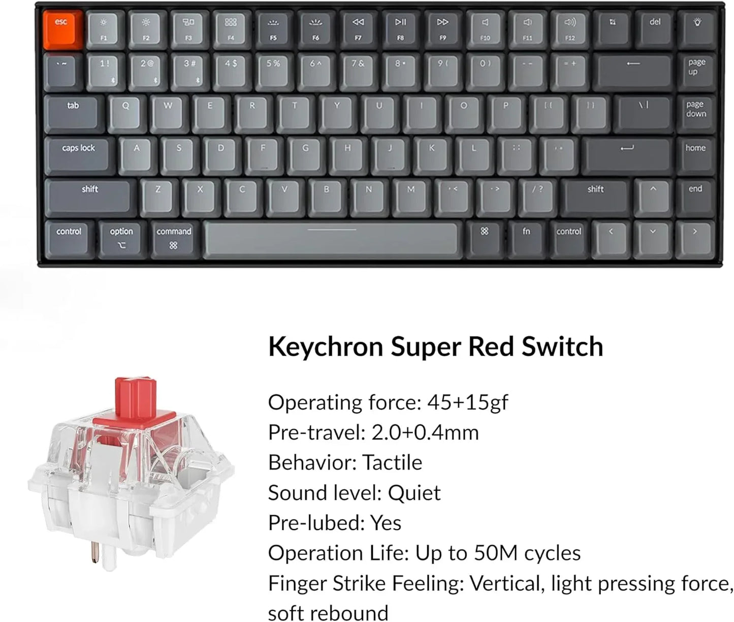 Keychron Super Red Switch mechanical keyboard with gray keys, red escape key, and switch specs