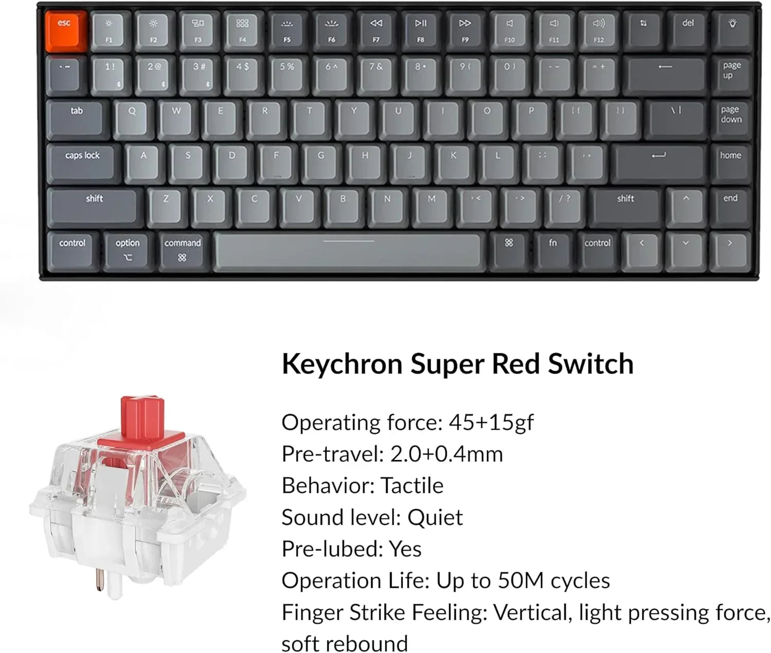 Keychron Super Red Switch mechanical keyboard with gray keys, red escape key, and switch specs