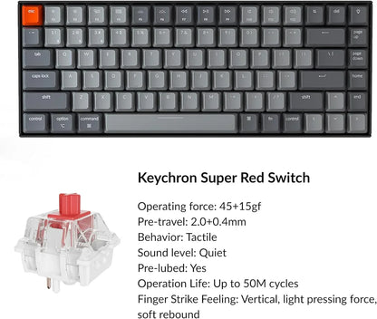 Keychron Super Red Switch mechanical keyboard with gray keys, red escape key, and switch specs