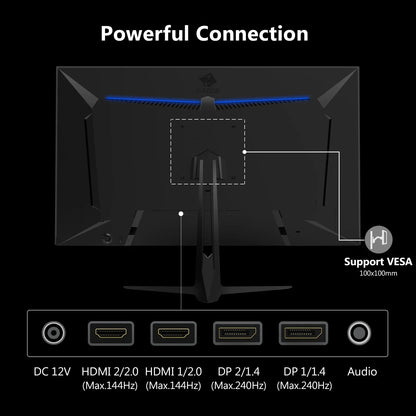 Back view of a gaming monitor with blue LED, VESA mount support, dual HDMI 2.0 ports, dual DisplayPort 1.4, DC 12V, and audio jack