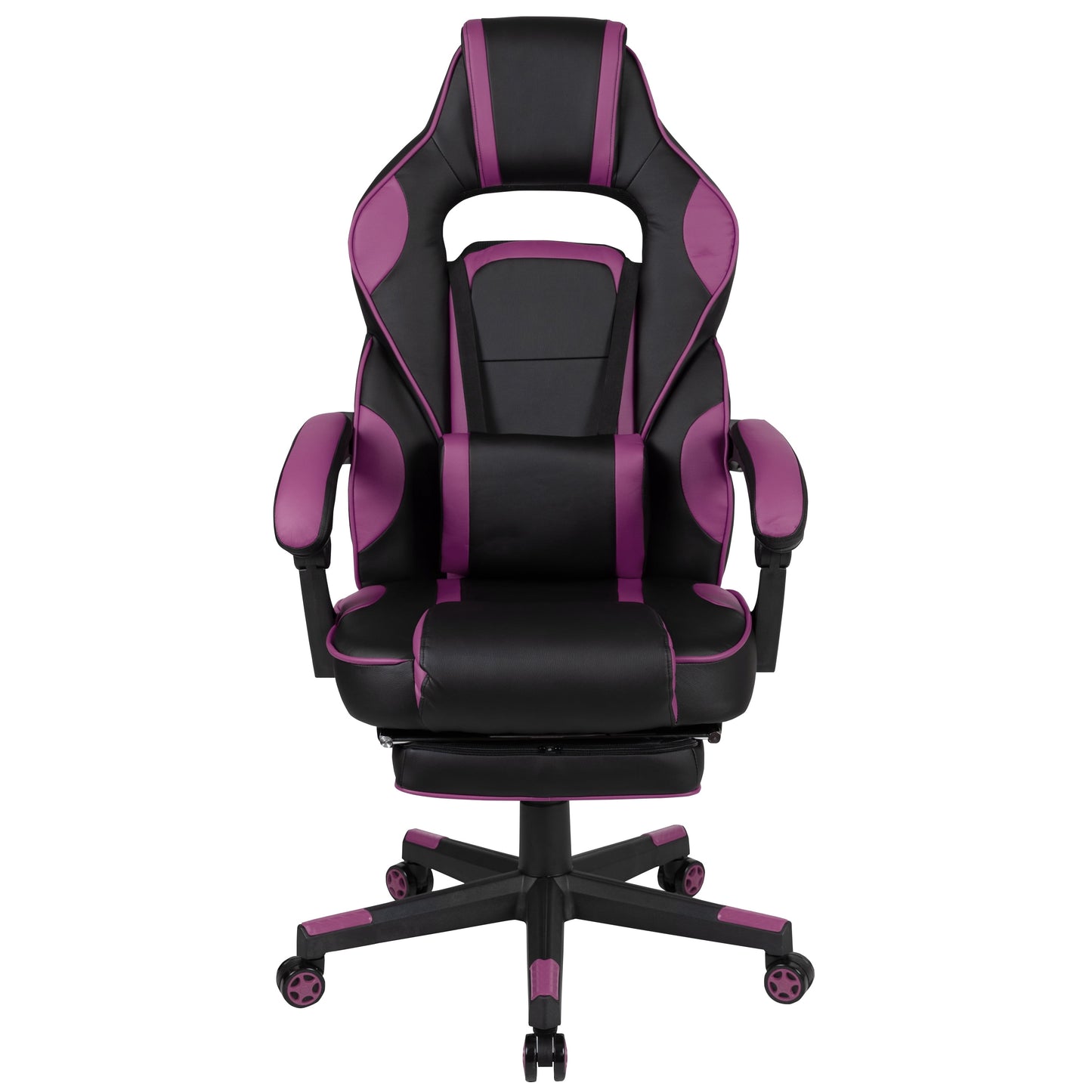 Black and purple gaming chair with ergonomic design, adjustable armrests, and footrest for comfort during long gaming sessions.