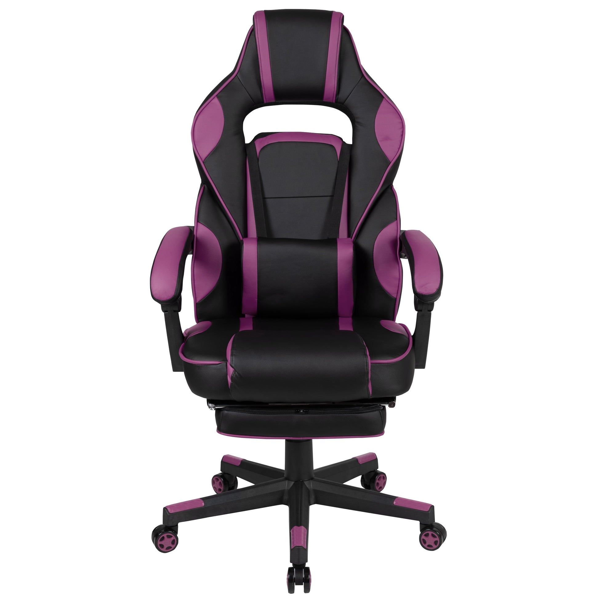 Black and purple gaming chair with ergonomic design, adjustable armrests, and footrest for comfort during long gaming sessions.