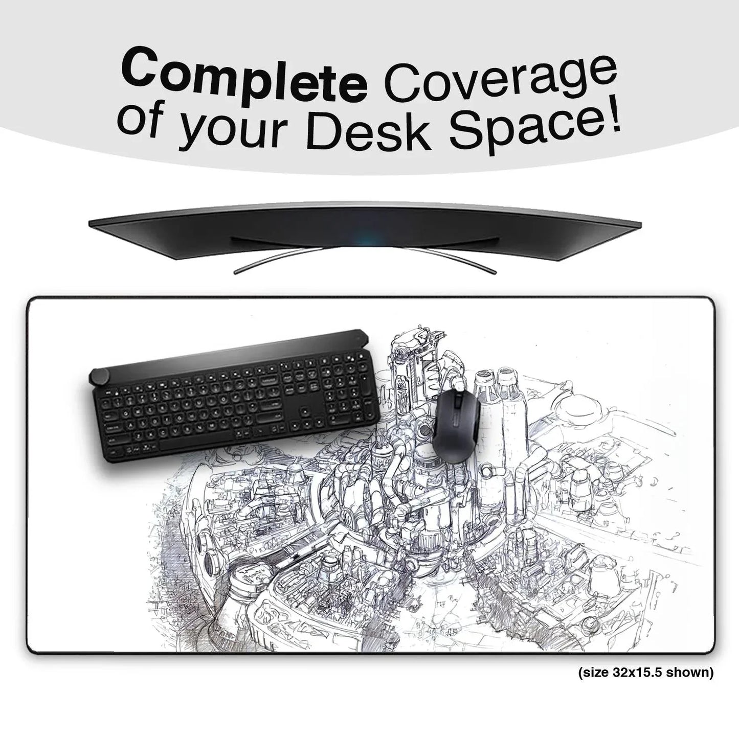 Curved monitor above a large desk mat with an intricate industrial sketch, featuring a black keyboard and mouse on top