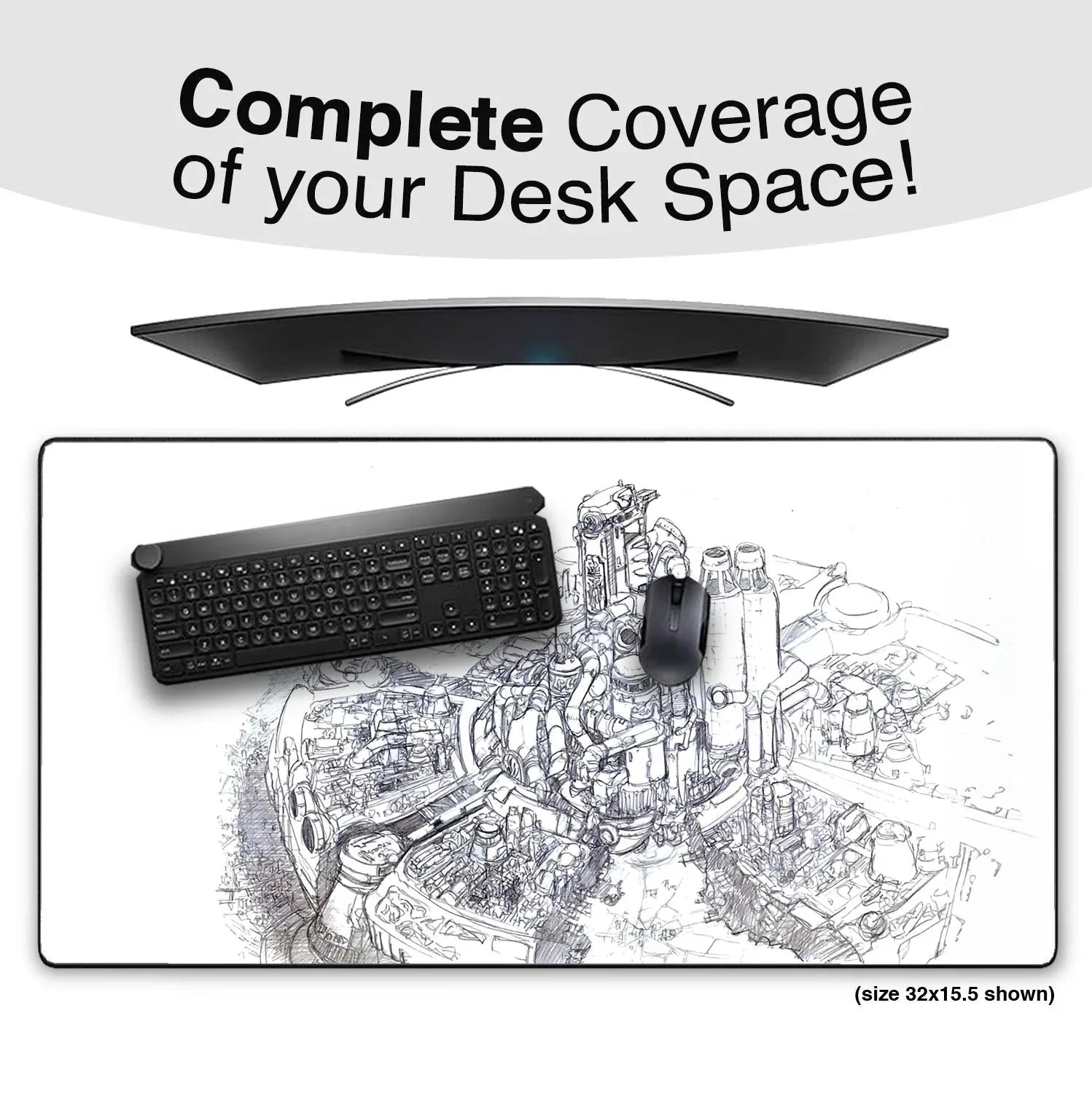 Curved monitor above a large desk mat with an intricate industrial sketch, featuring a black keyboard and mouse on top