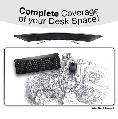 Curved monitor above a large desk mat with an intricate industrial sketch, featuring a black keyboard and mouse on top