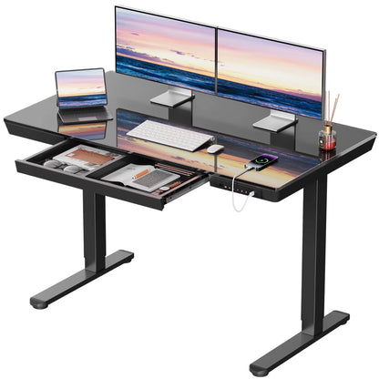 Glass Top Electric Standing Desk with Drawer, 48'' X 24'' Electric Height Adjustable Desk with USB Charging Ports, Sit Stand up for Home Office