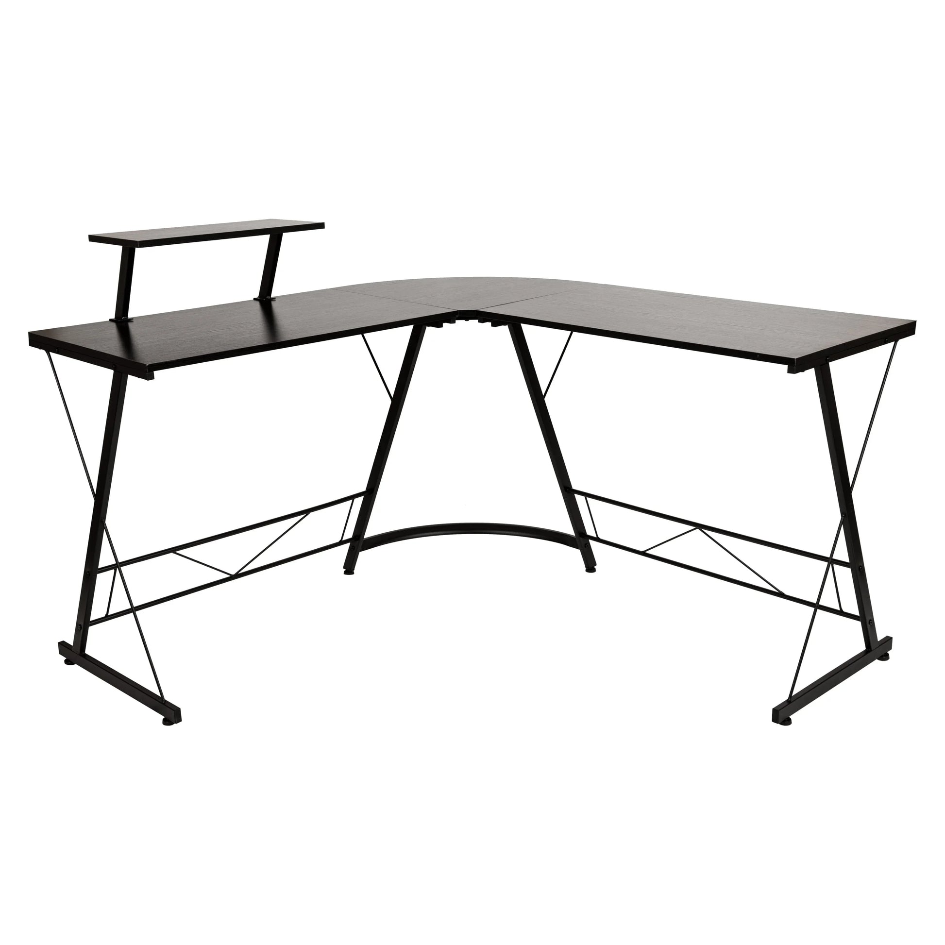 Modern black L-shaped desk with elevated shelf and metal frame for office or gaming setup