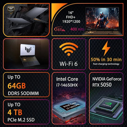 Gaming laptop with 16-inch FHD+ display, Intel i7-14650HX, RTX 5050, 64GB RAM, 4TB SSD, Wi-Fi 6