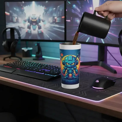 Gaming setup with dual monitors, mechanical keyboard, RGB mouse, and a tumbler featuring a blue robot pouring coffee